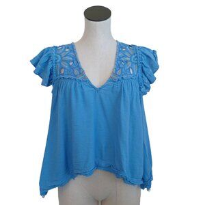 Free People Top Blue Boho Embroidered Short Sleeve V Neck Popover Womens Large